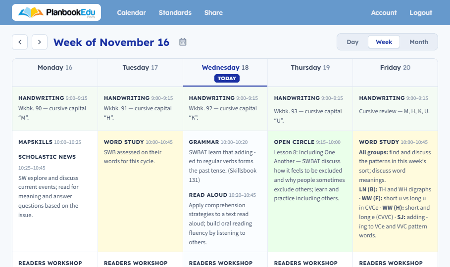 PlanbookEdu weekly planbook view